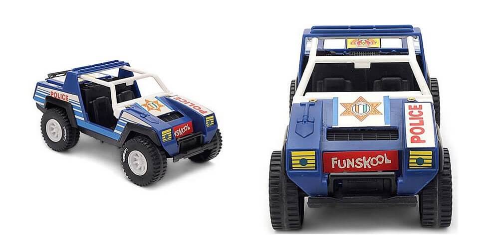 Two toy police vehicles with visible branding on a white background