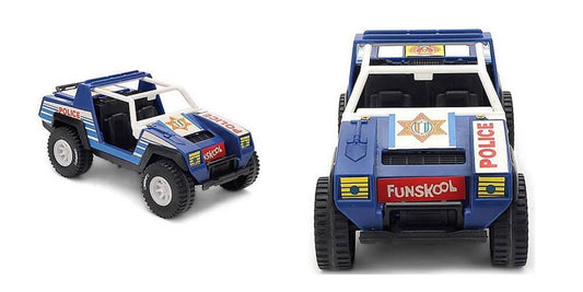 Two toy police vehicles with visible branding on a white background