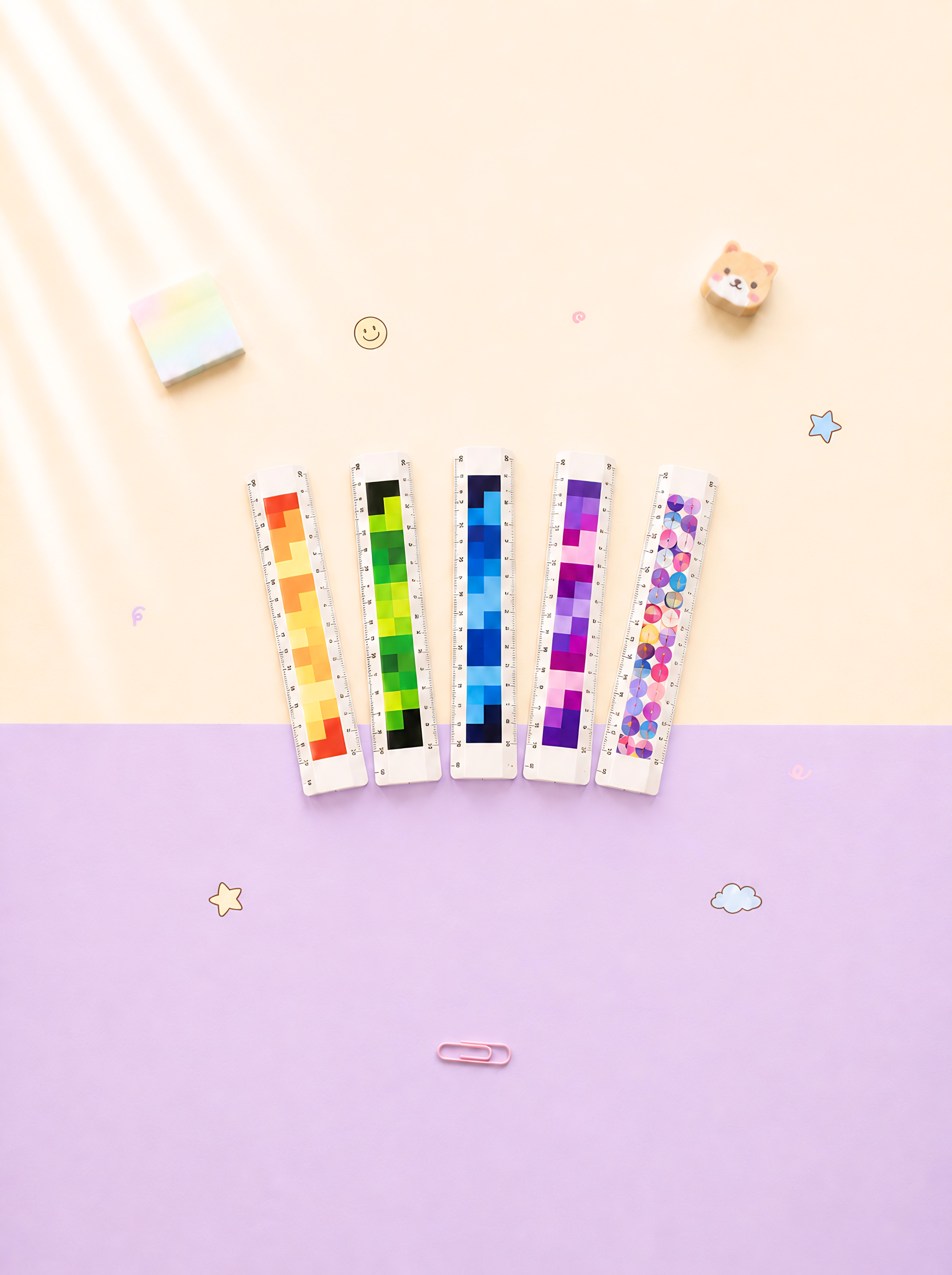 Colorful bookmarks with pixel art designs on a two-tone background
