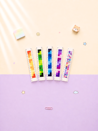 Colorful bookmarks with pixel art designs on a two-tone background