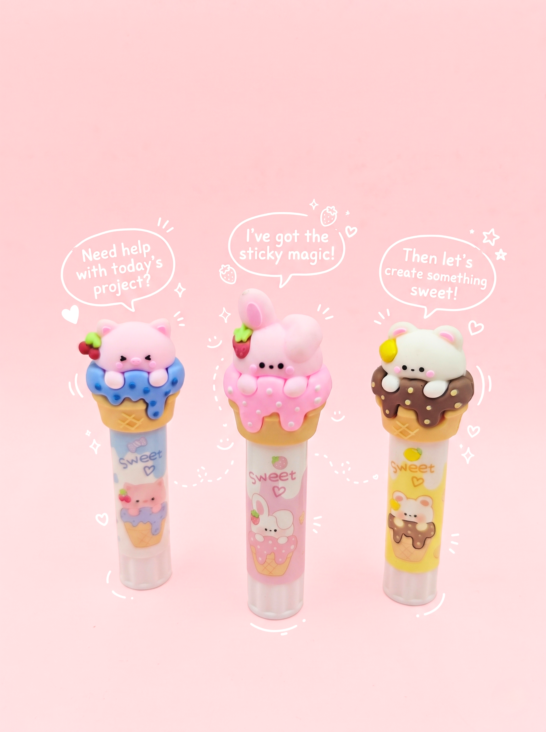 Three cute ice cream-shaped stationery items with cartoon characters on a pink background