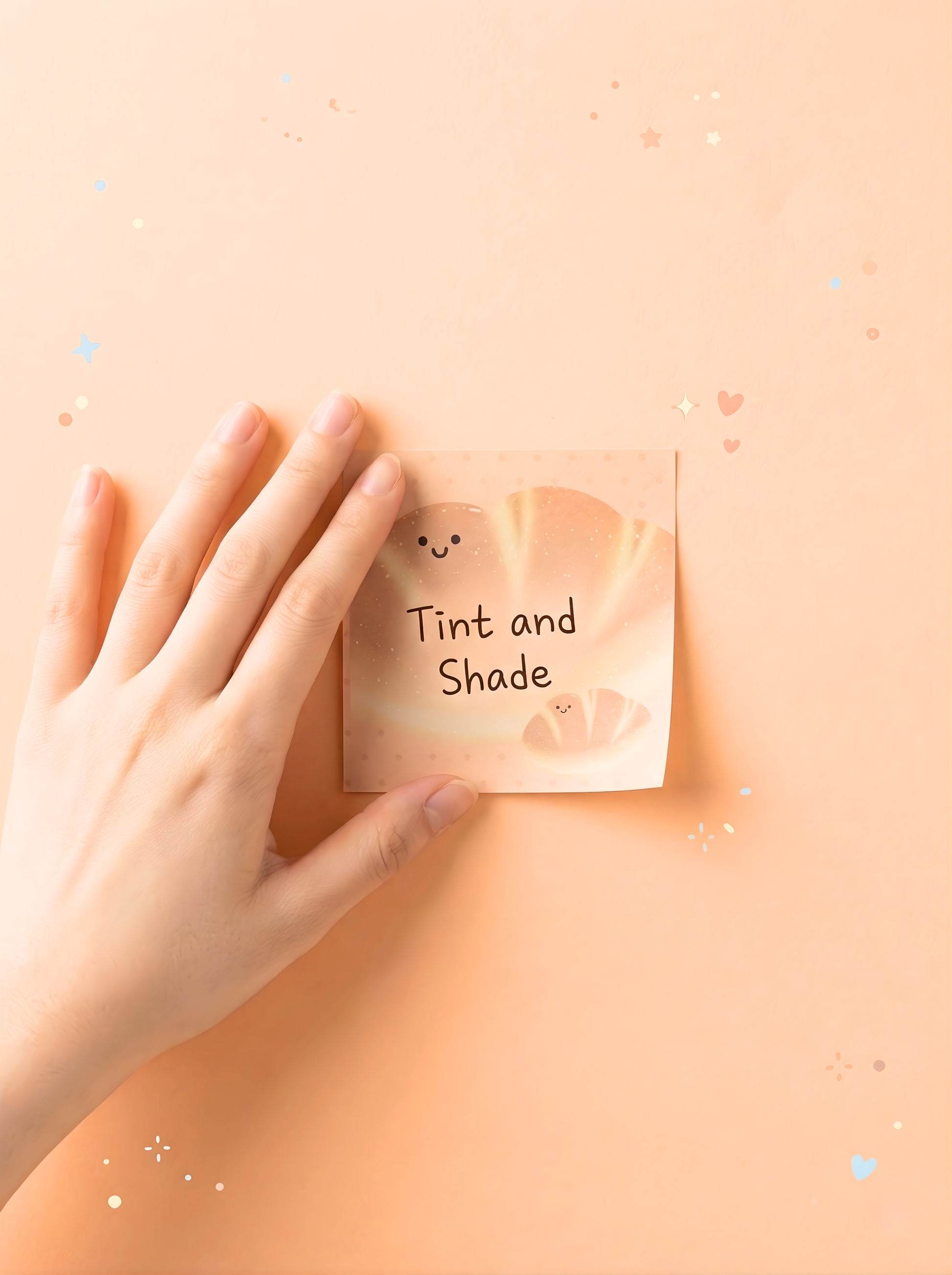 Hand holding a sticky note with 'Tint and Shade' text on a beige background