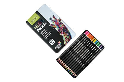 Set of colored pencils in a metal tin with a colorful pencil design on the lid.