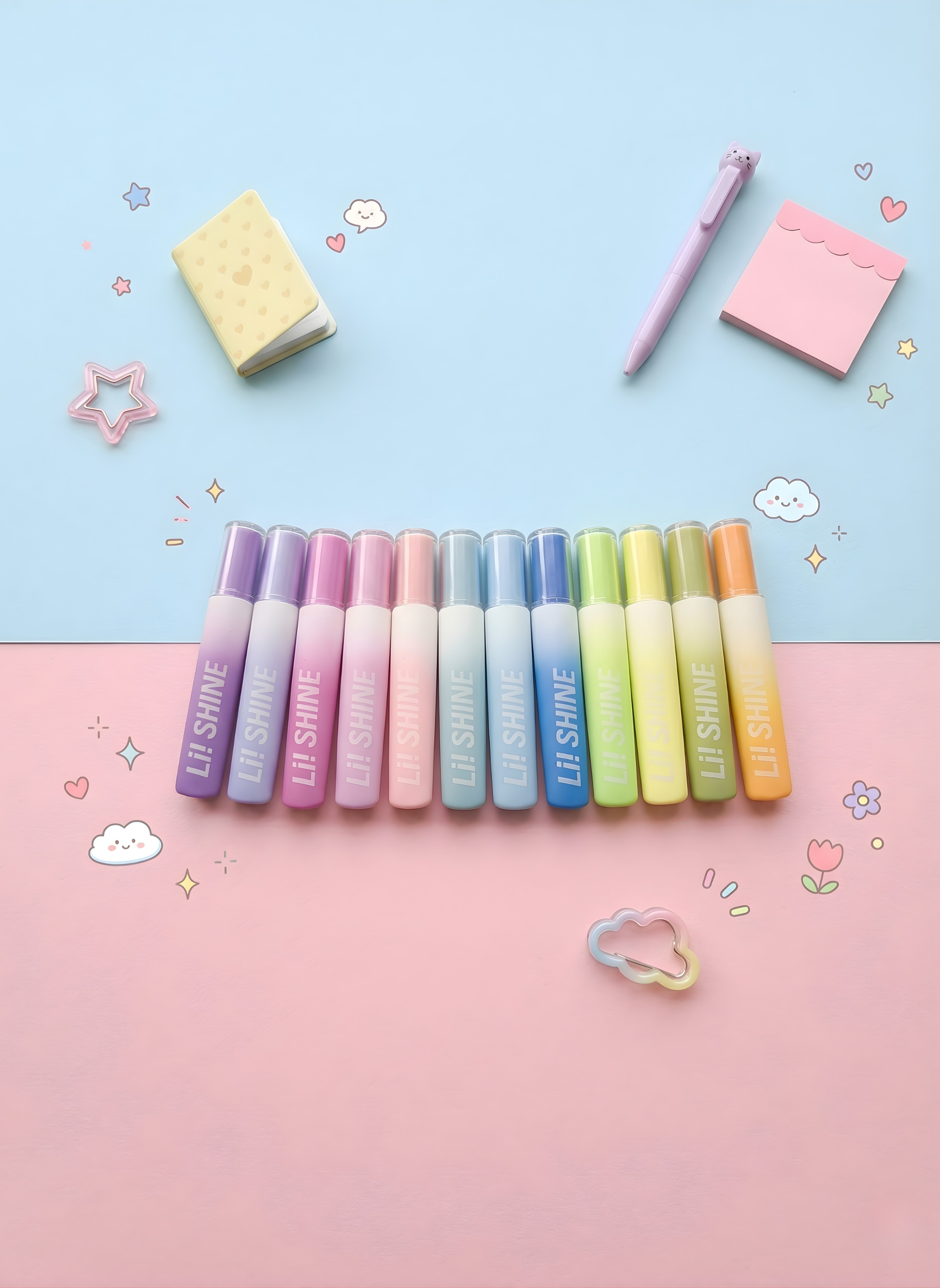 Set of colorful lip glosses on a pink and blue gradient background with decorative elements.