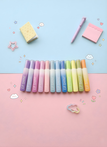 Set of colorful lip glosses on a pink and blue gradient background with decorative elements.