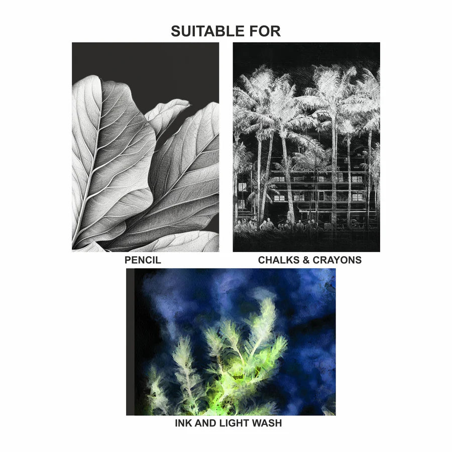 Four black and white images of leaves, palm trees, and abstract shapes with text indicating suitable art mediums.