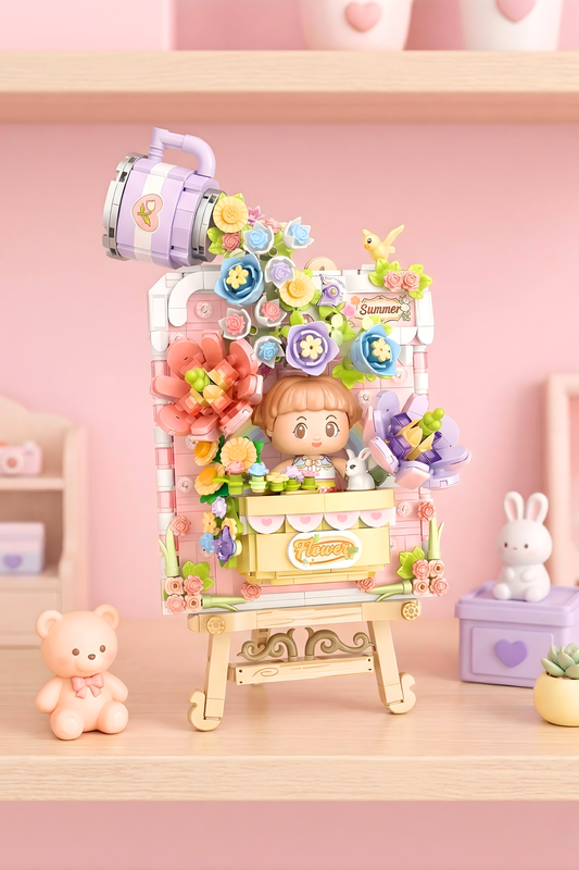 Toy figure with a floral frame and accessories on a pink background
