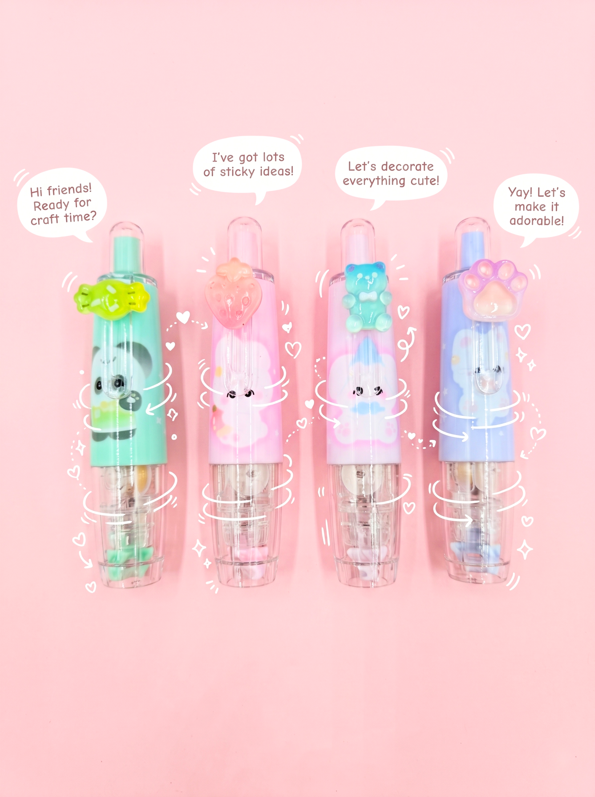 Four colorful stationery items with cartoon characters on a pink background