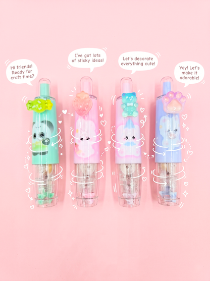 Four colorful stationery items with cartoon characters on a pink background