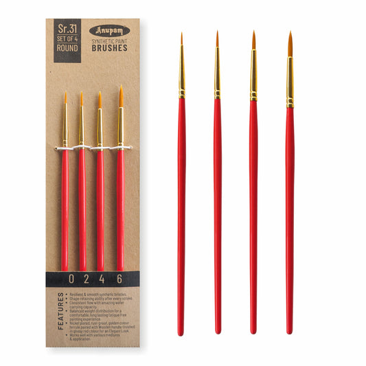 Set of four round paint brushes with red handles and gold ferrules, displayed against a white background.