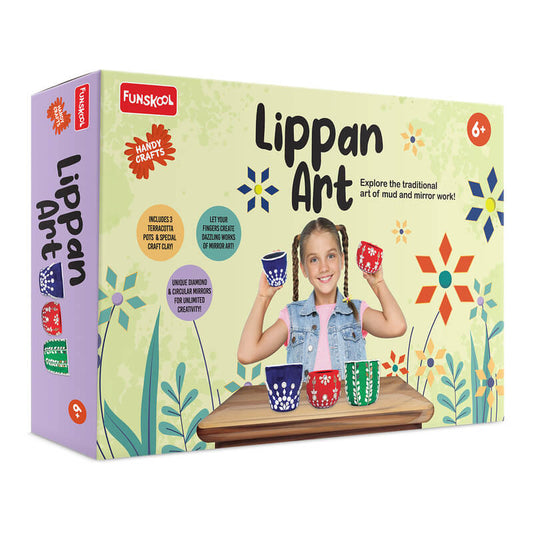 Funsckool Lippan Art craft kit packaging with a child holding colorful cups against a floral background.