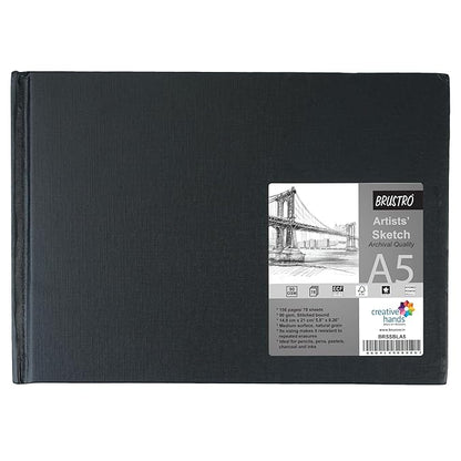 Black artists' sketchbook with a label on a white background