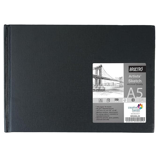 Black artists' sketchbook with a label on a white background