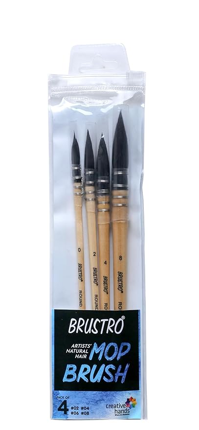 BRUSTRO Artist's Natural Hair MOP Brush | Set of 4 - (0, 2, 4, 8) |Synthetic, Round Paint Brush