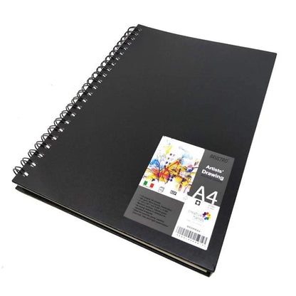 Black A4 drawing notebook with a colorful label on a white background