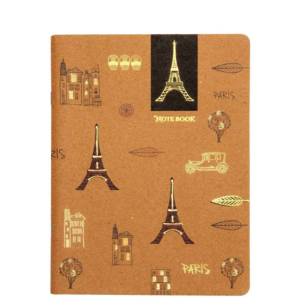 Notebook with Eiffel Tower and Paris-themed illustrations on a brown background