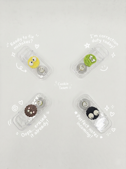 Four correction tape dispensers with cartoon characters on a light gray background