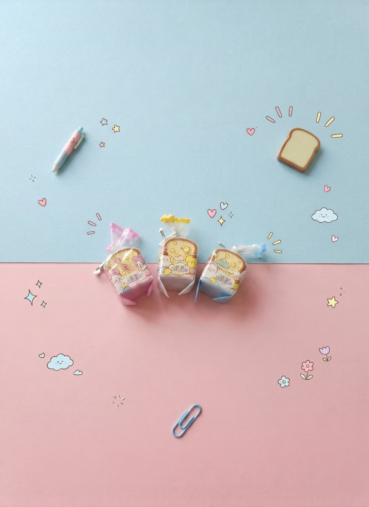 Three small pastel-colored toy cars on a pink and blue background with decorative elements.