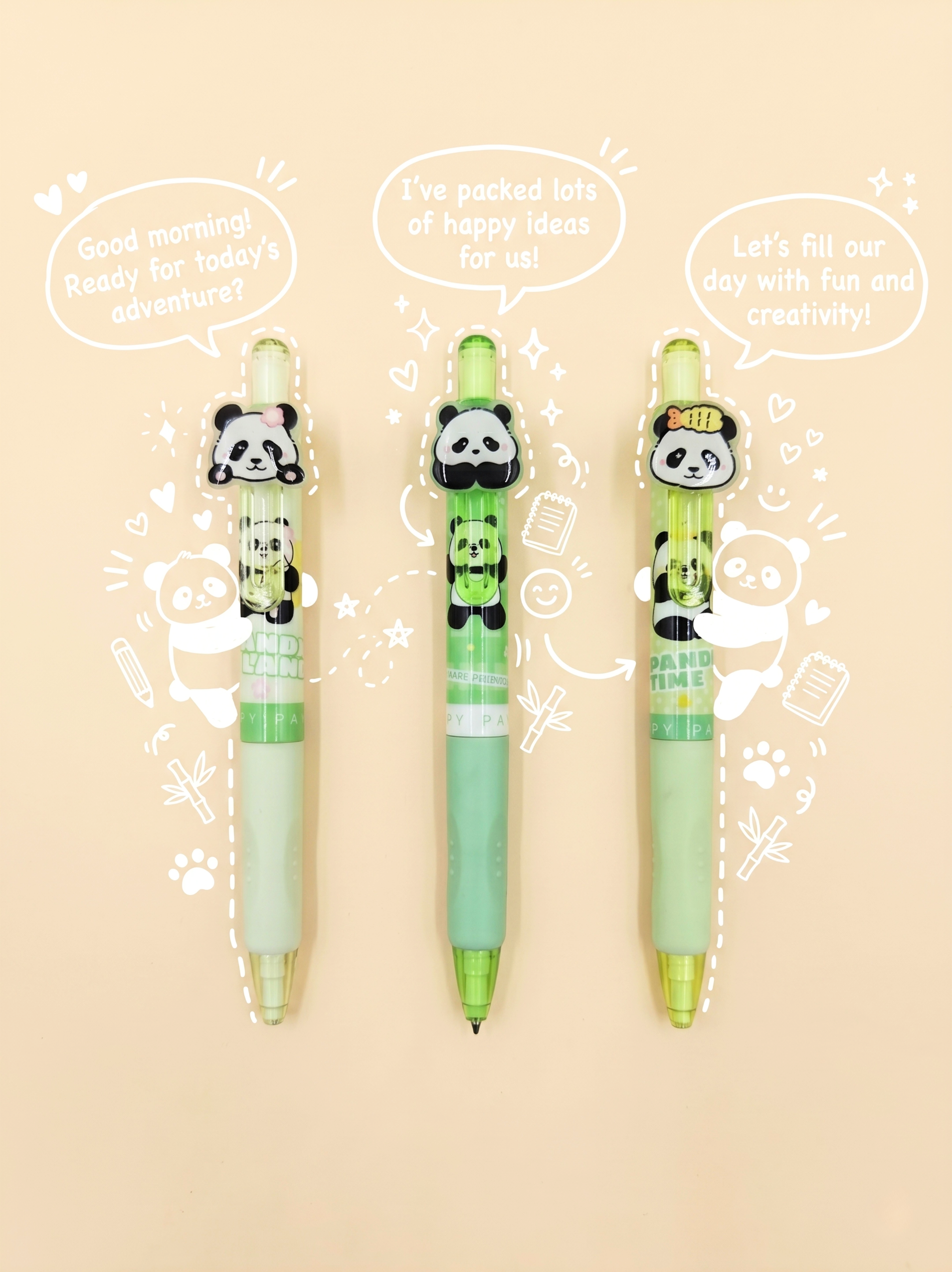 Three cartoon panda-themed pens on a beige background with speech bubbles.