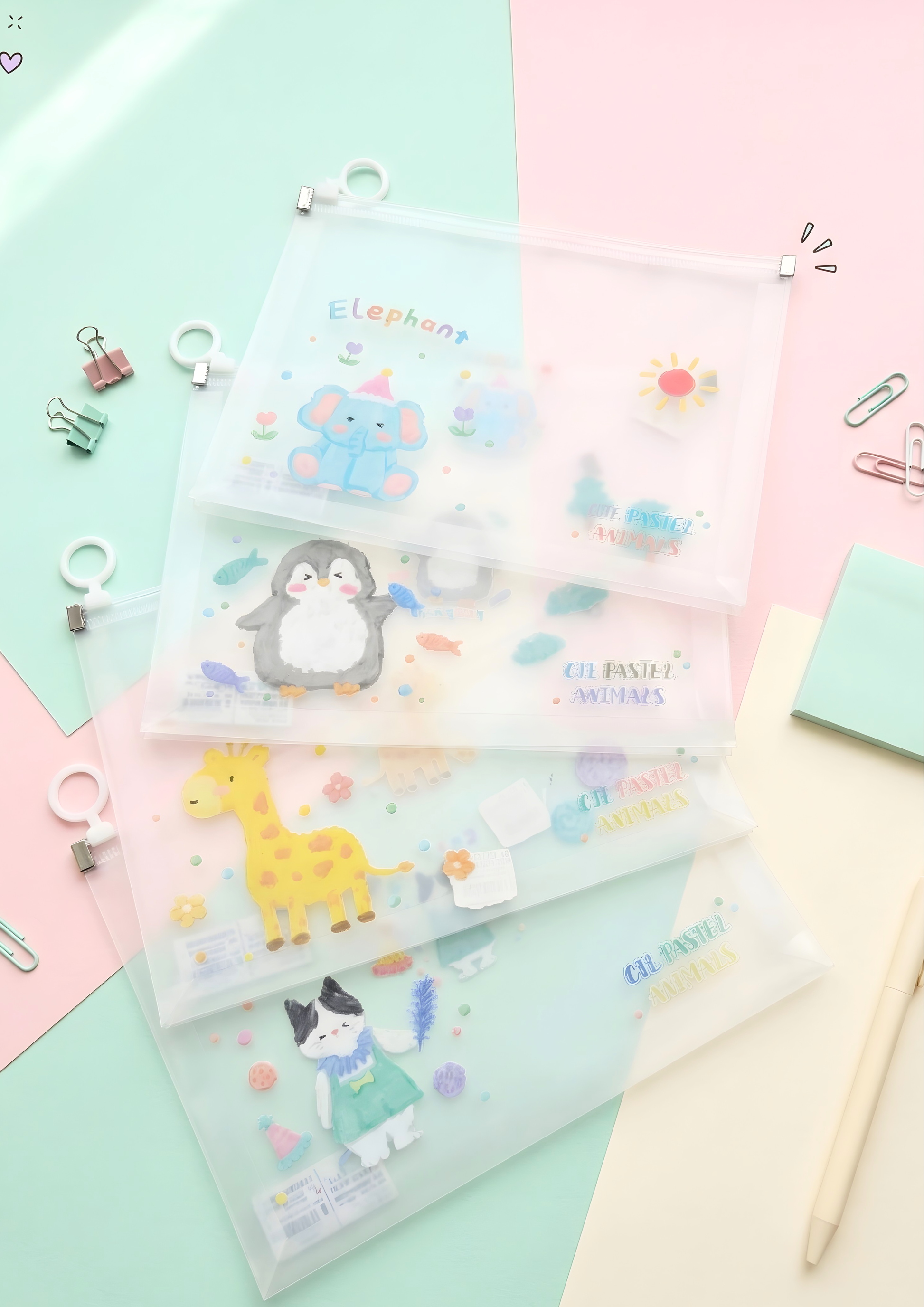 Set of clear pouches with animal illustrations on a pastel background