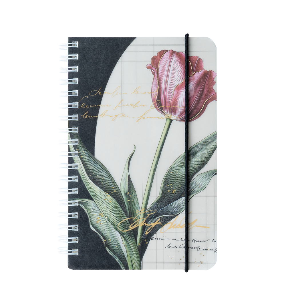 Notebook with a pink tulip design on a white background