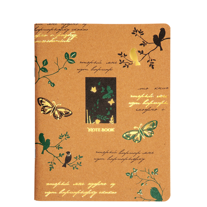 Notebook cover with butterfly, bird, and floral designs on a brown background