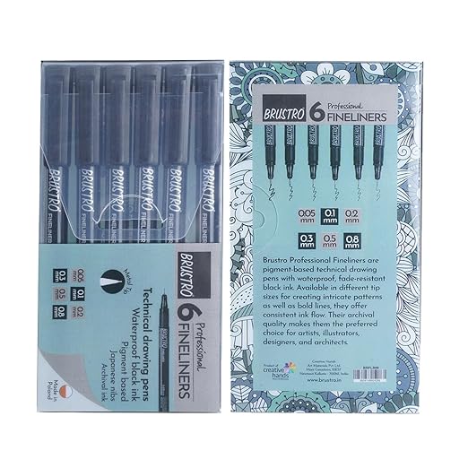 Set of Brustro technical drawing pens with packaging on a white background