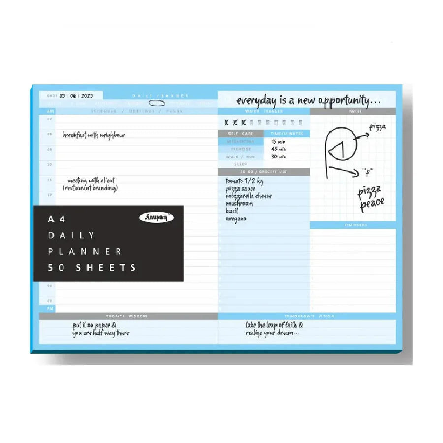 Daily planner with a blue border and text on a white background