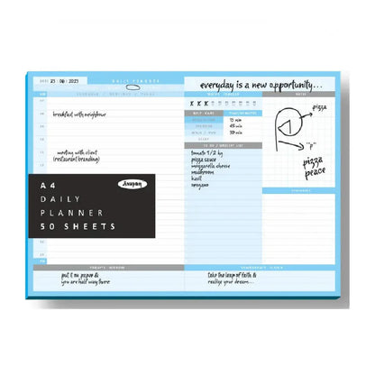 Daily planner with a blue border and text on a white background