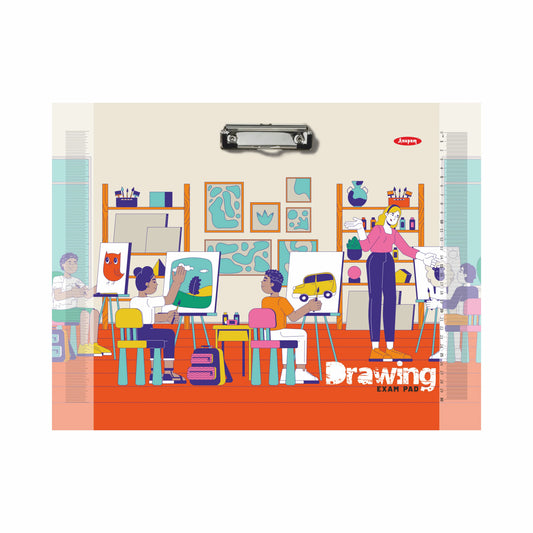 Exam paper with illustration of a classroom scene and 'Drawing' text