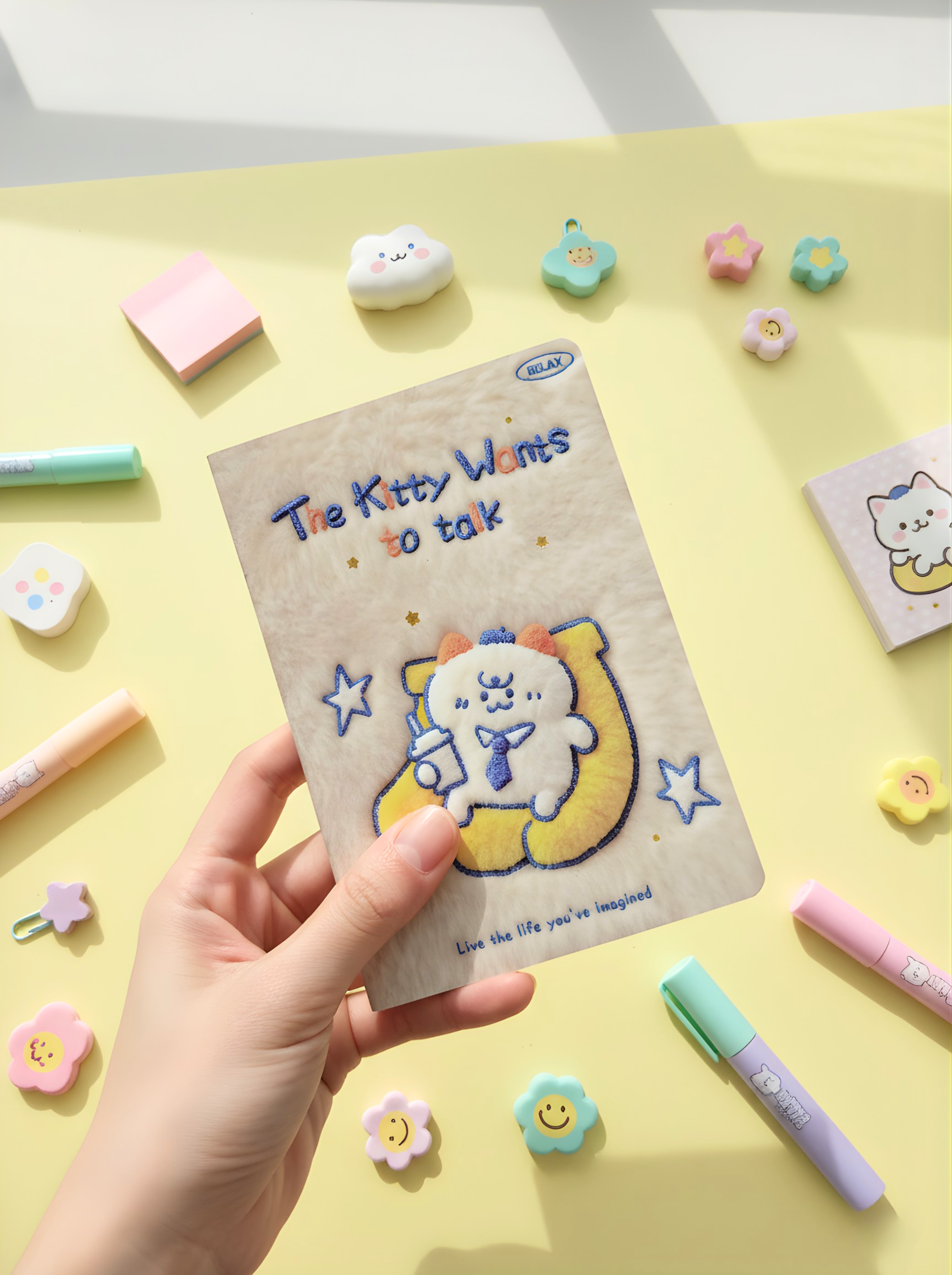 Notebook with cartoon characters held by a hand on a colorful stationery background