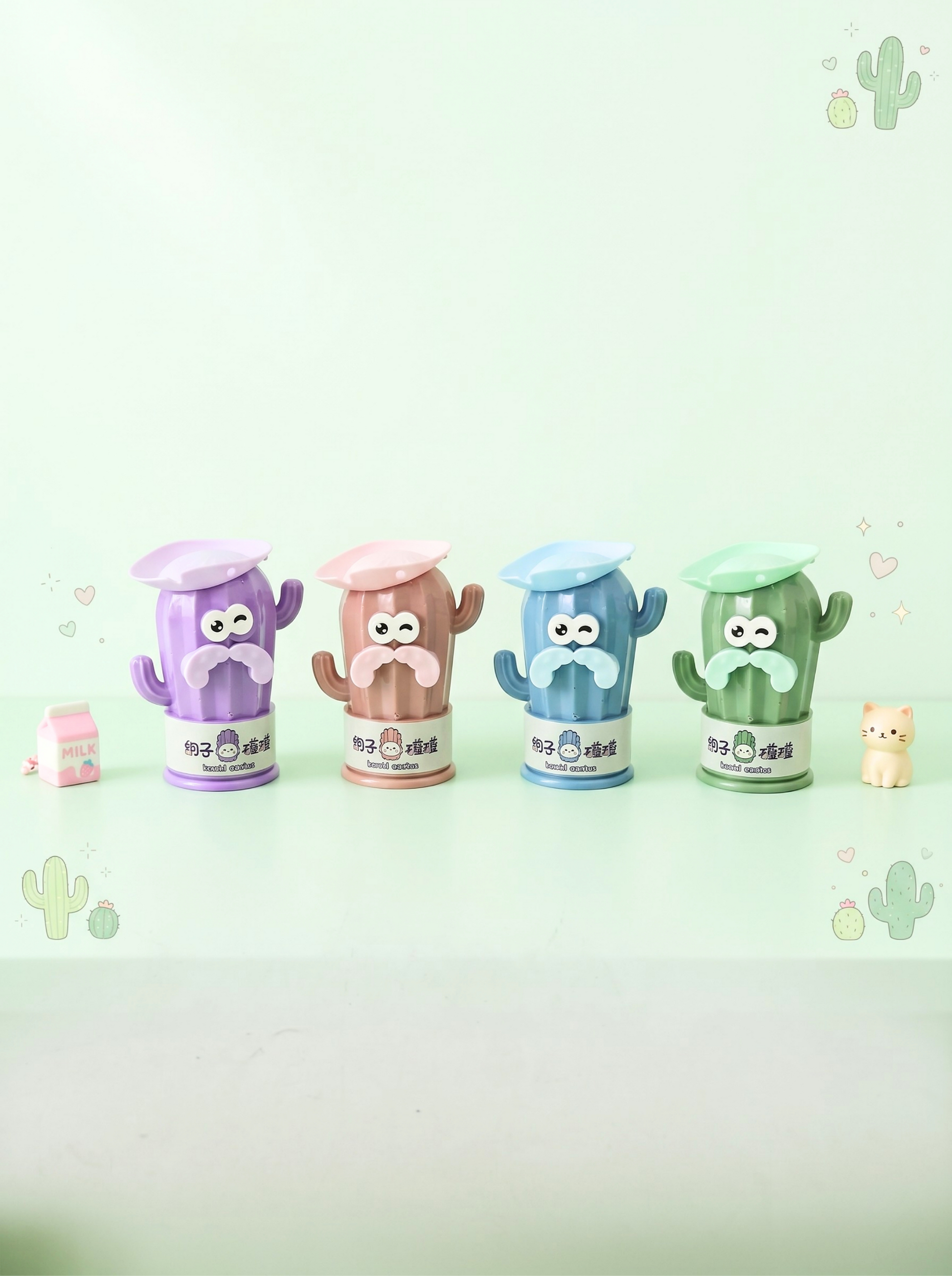 Set of colorful cartoon-like containers with lids on a light green background