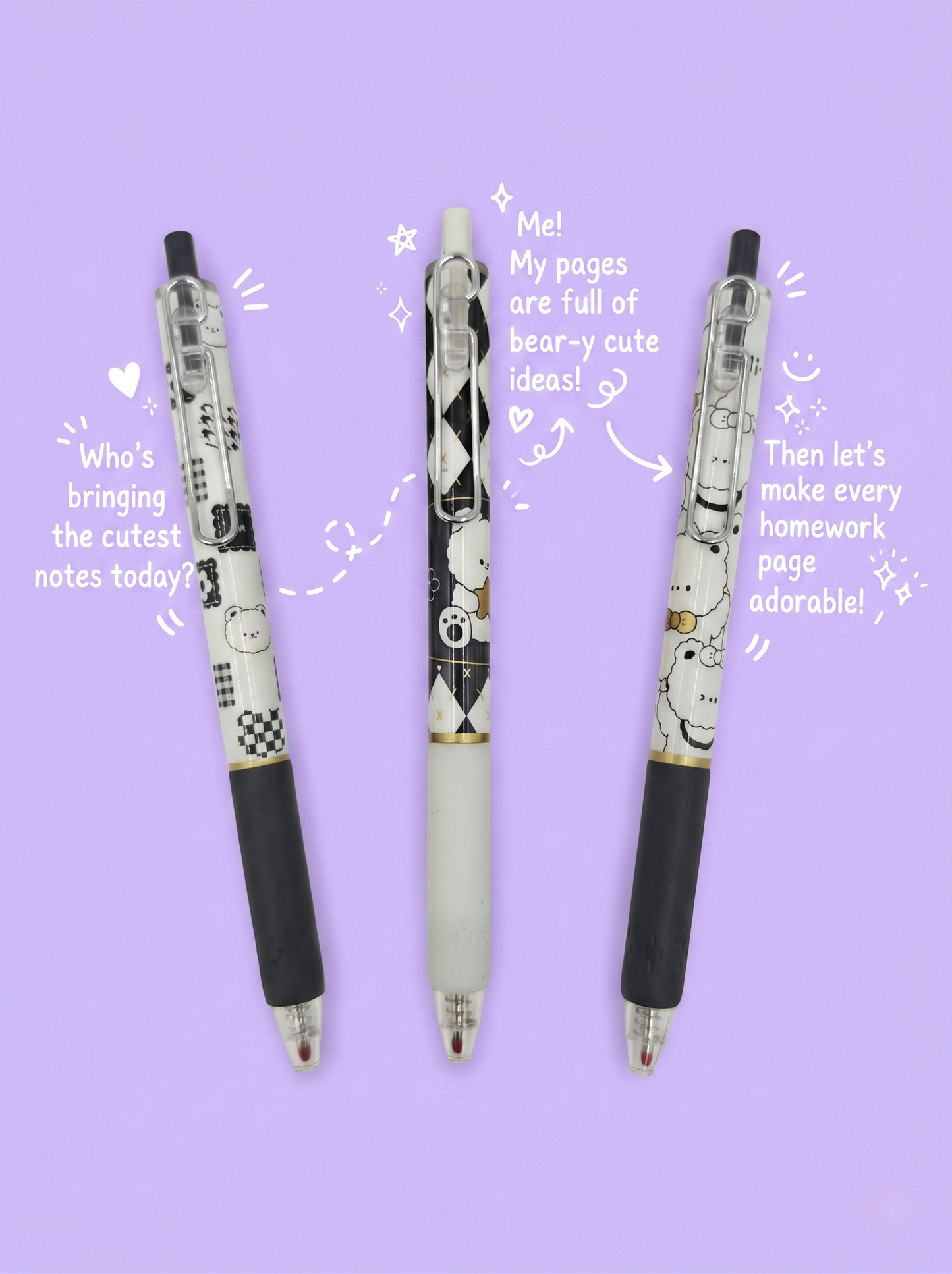 Three pens with cartoon designs on a purple background