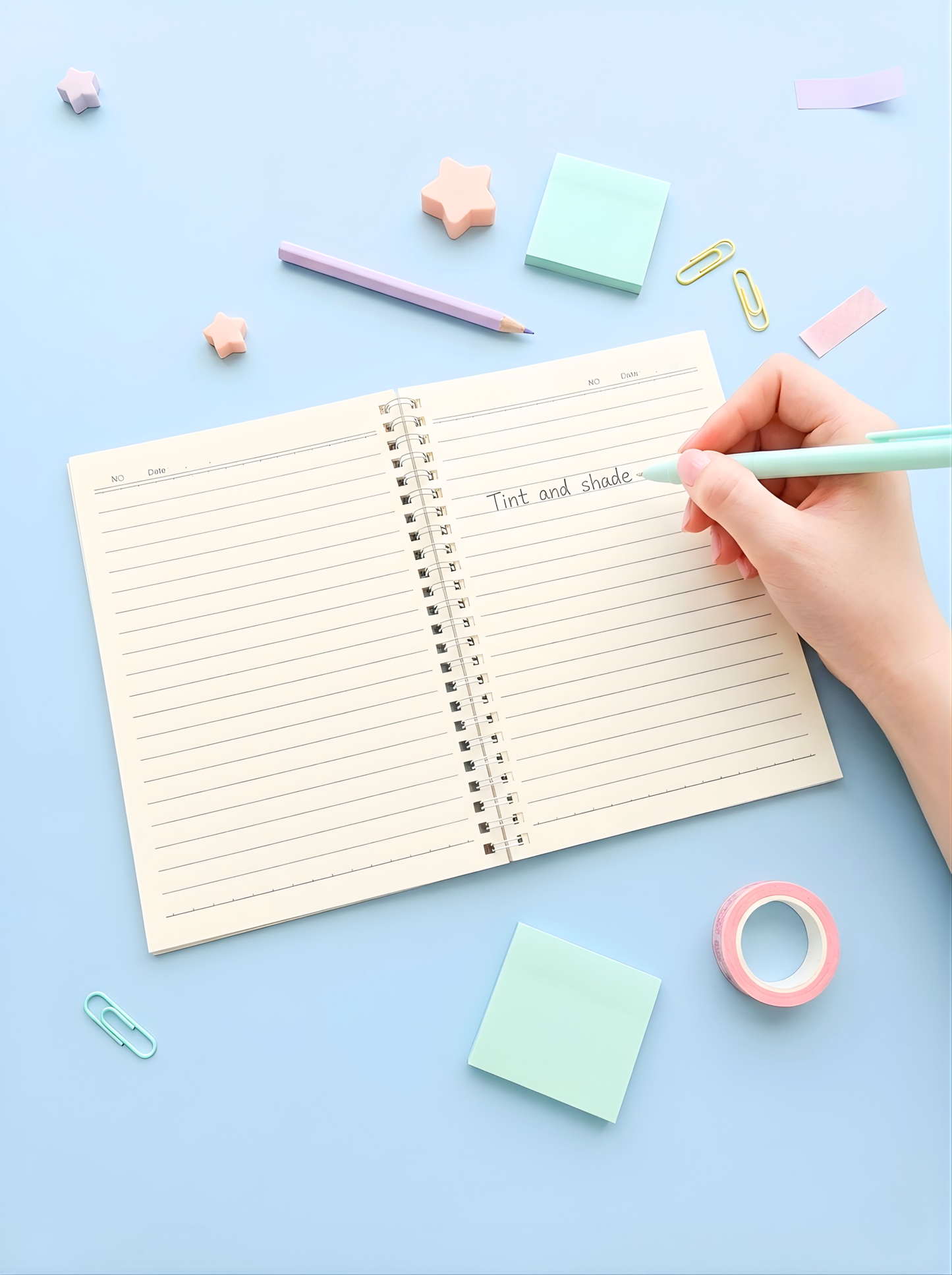 Open notebook with lined pages on a light blue background with stationery items.