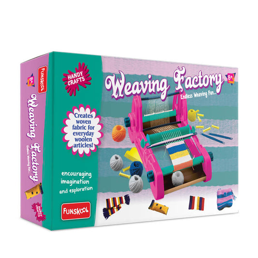 Box of Funskool Weaving Factory craft kit on a white background