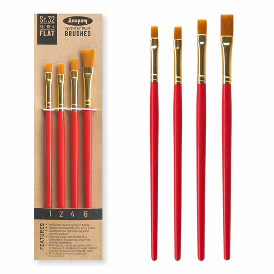 Set of flat paint brushes with red handles and gold ferrules, displayed both in packaging and on a white background.
