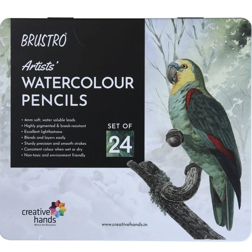 Brustro watercolor pencils set with a parrot illustration on the packaging