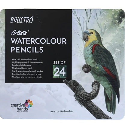 Brustro watercolor pencils set with a parrot illustration on the packaging