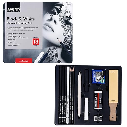 Brustro Black & White Charcoal Drawing Set with packaging on a white background