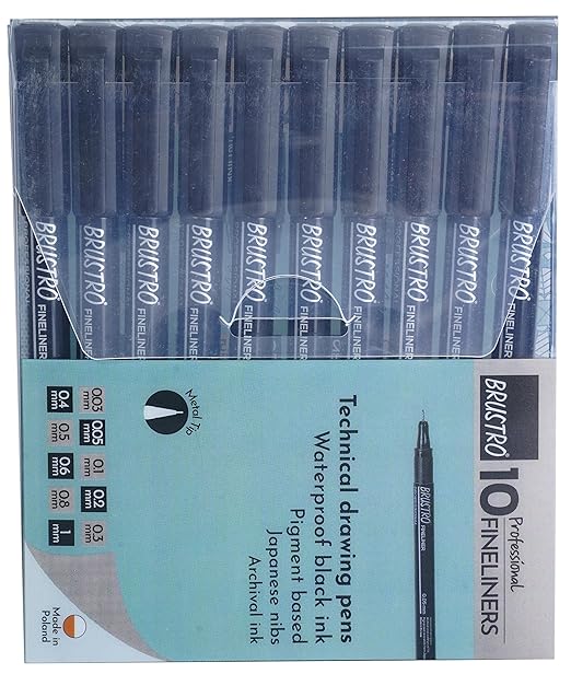Pack of Brustro technical drawing pens with visible branding and product details.
