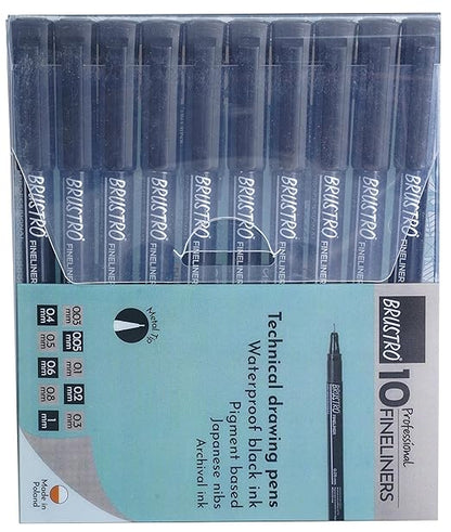 Pack of Brustro technical drawing pens with visible branding and product details.