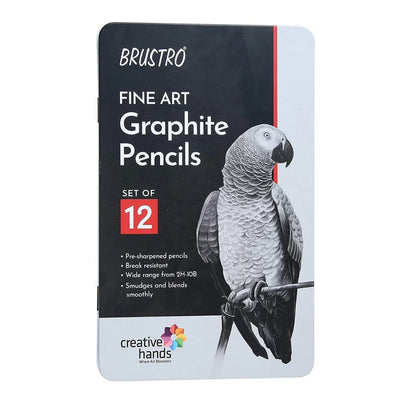 Brustro fine art graphite pencils set packaging with a parrot illustration on a white background