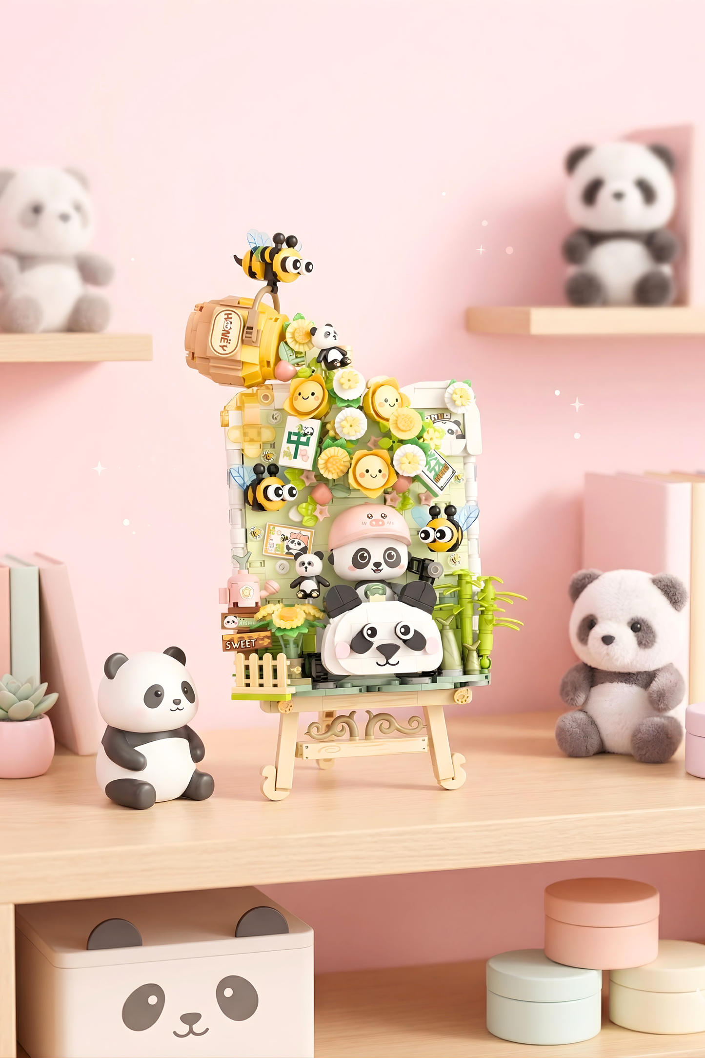 Collection of panda-themed toys and decorative items on a pink shelf.