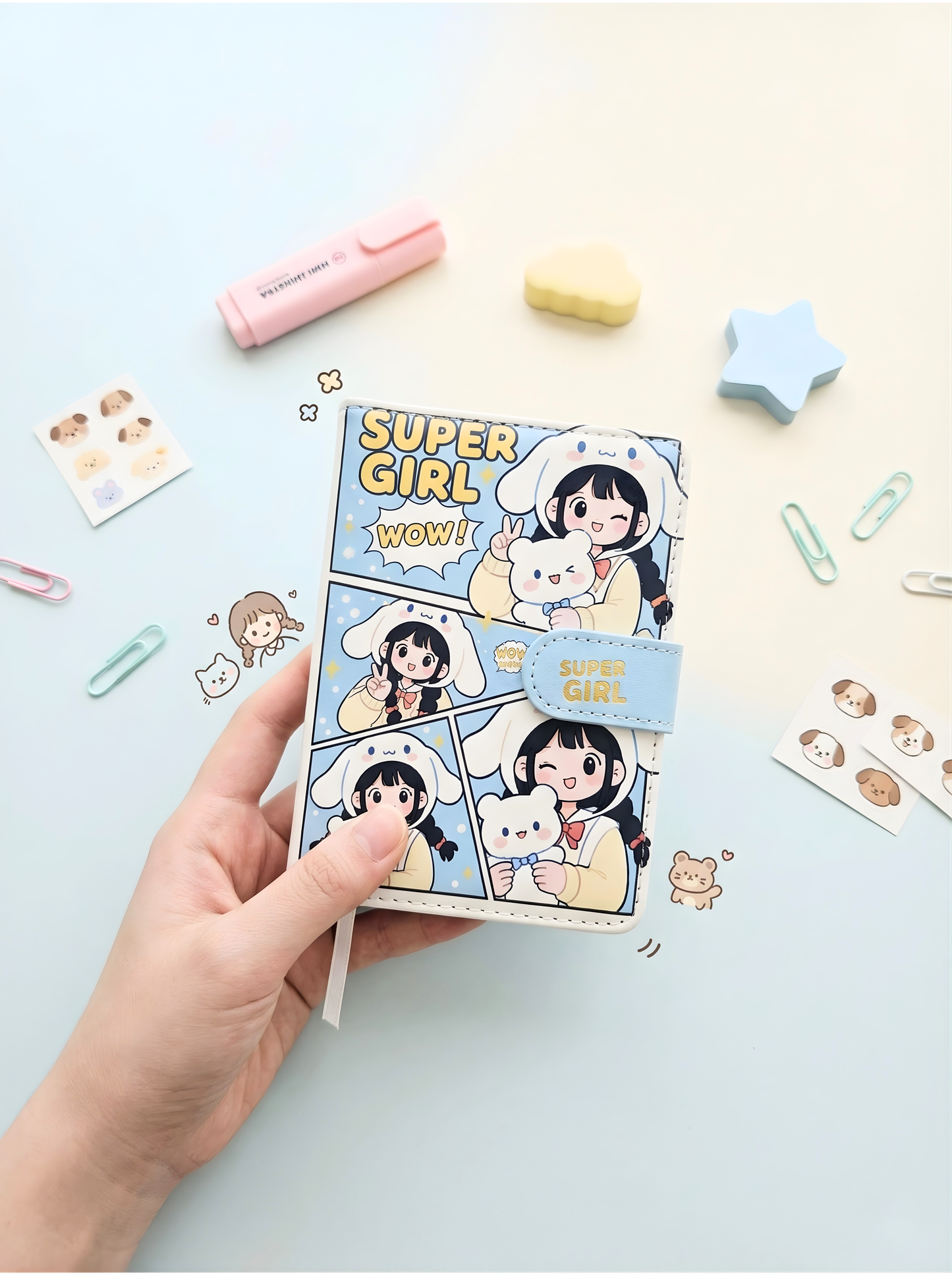 Sticker book with cartoon character and 'Super Girl' text held by a hand on a light background with decorative items.