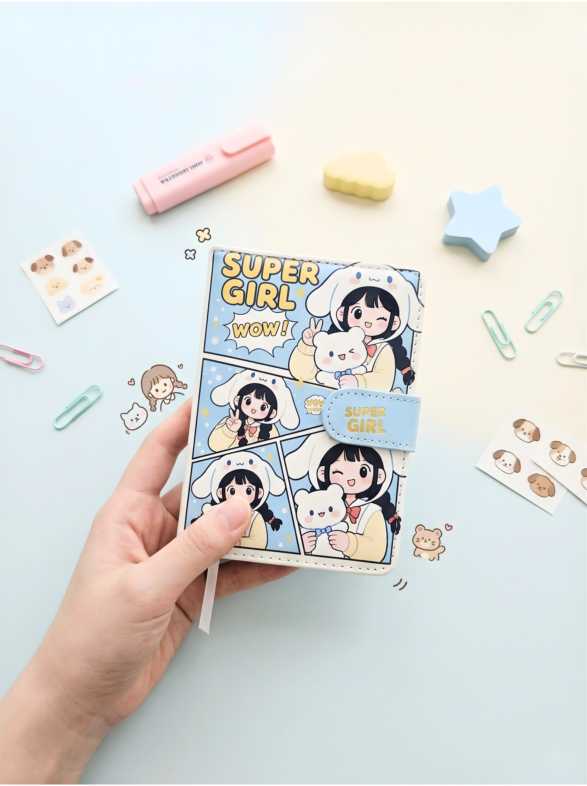 Sticker book with cartoon character and 'Super Girl' text held by a hand on a light background with decorative items.