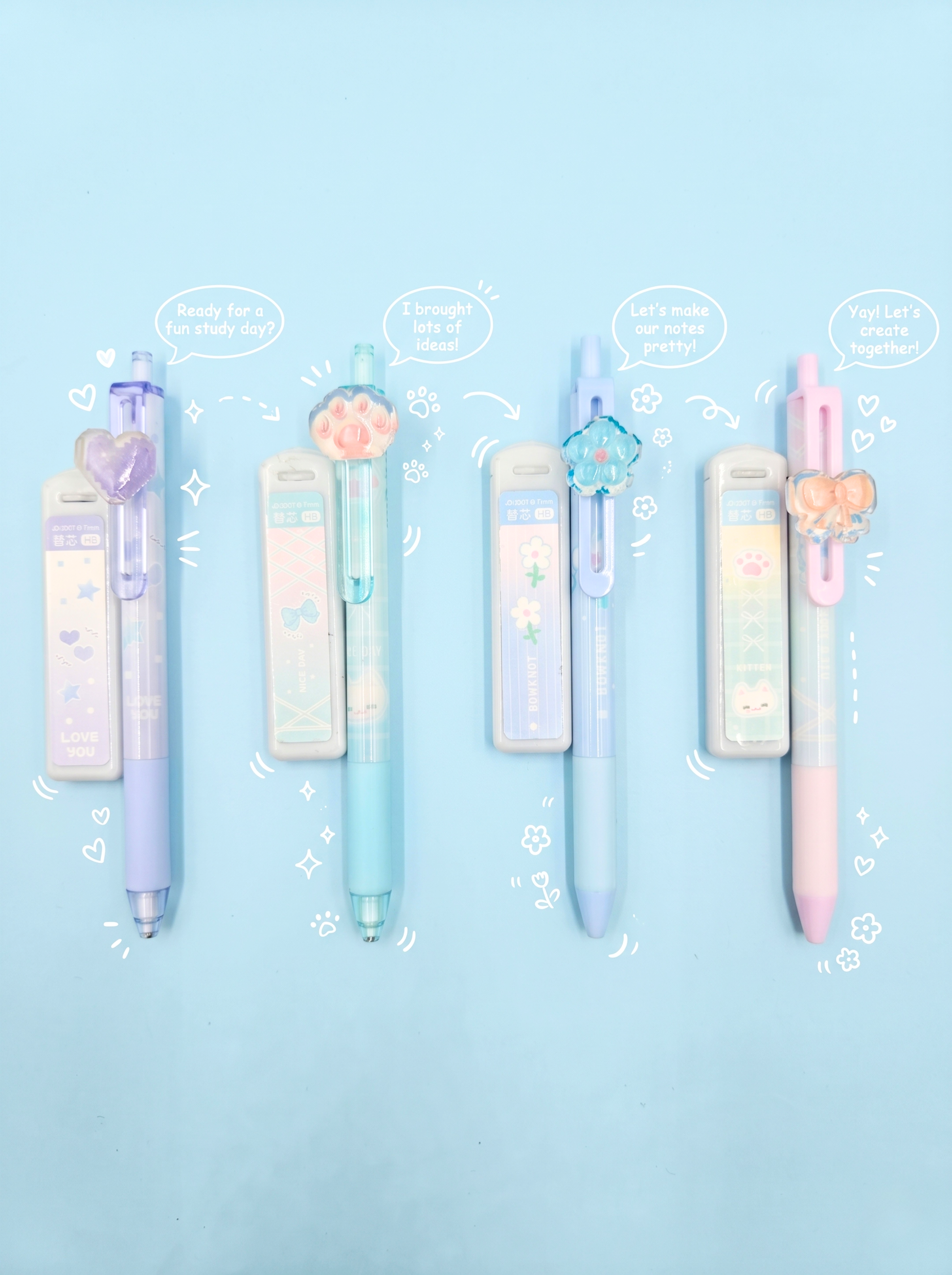 Set of five decorative pens with cartoon character designs on a light blue background