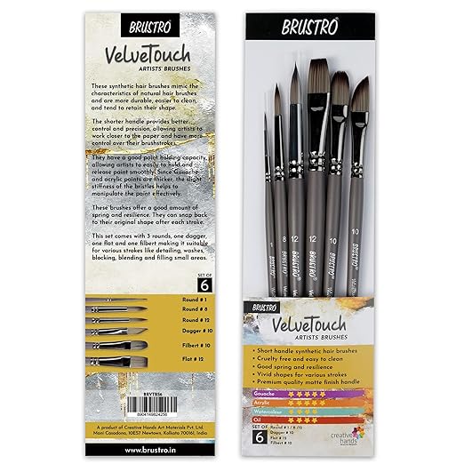 Brustro Velvetouch artist's brushes packaging with brush illustrations and text on a white background