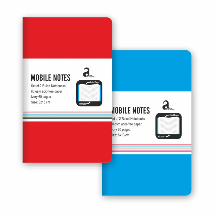 Two notebooks, one red and one blue, with 'MOBILE NOTES' packaging on a white background.