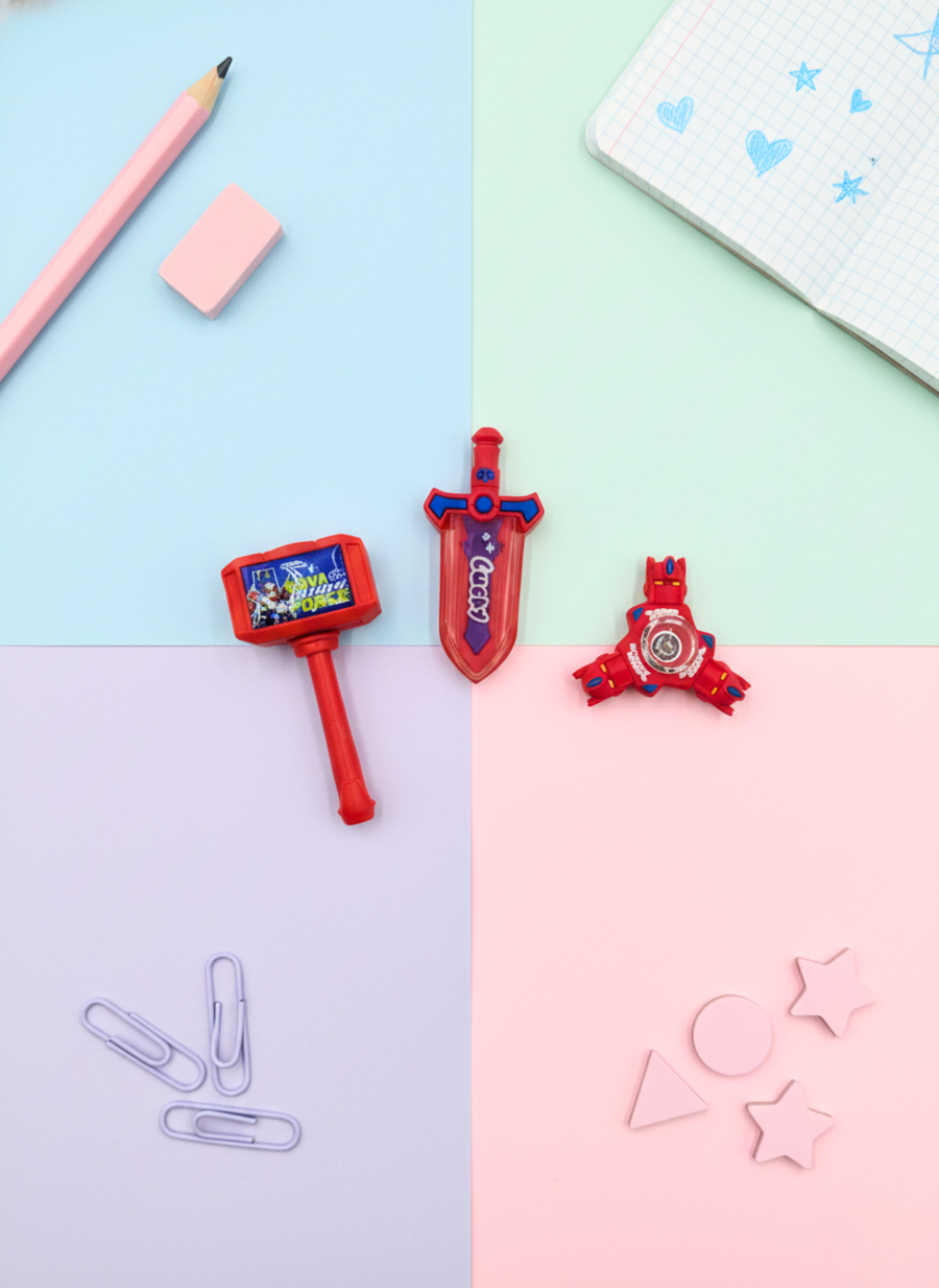 Korean Spinning Top, Hammer & Sword Creative Eraser Combo – Set (3 Pcs)