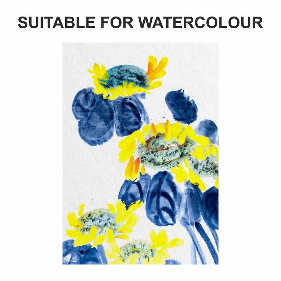 Artistic depiction of blue and yellow flowers suitable for watercolor on a white background.